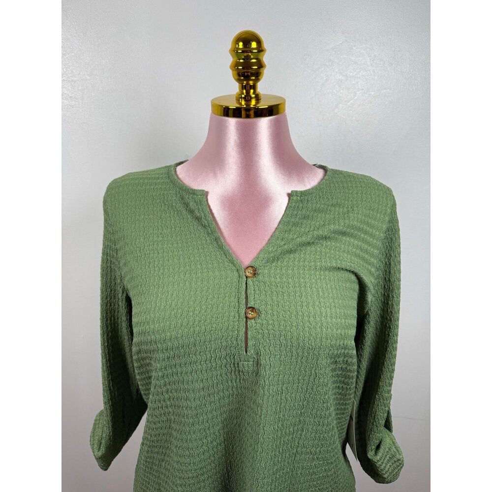 Luna Green Textured Blouse Roll Tab Sleeve Casual Lightweight Top Size M - Picture 5 of 5